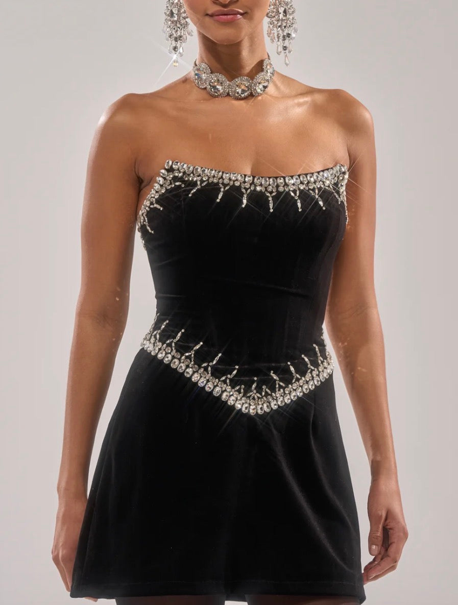 Velvet Rhinestone Dress Black A