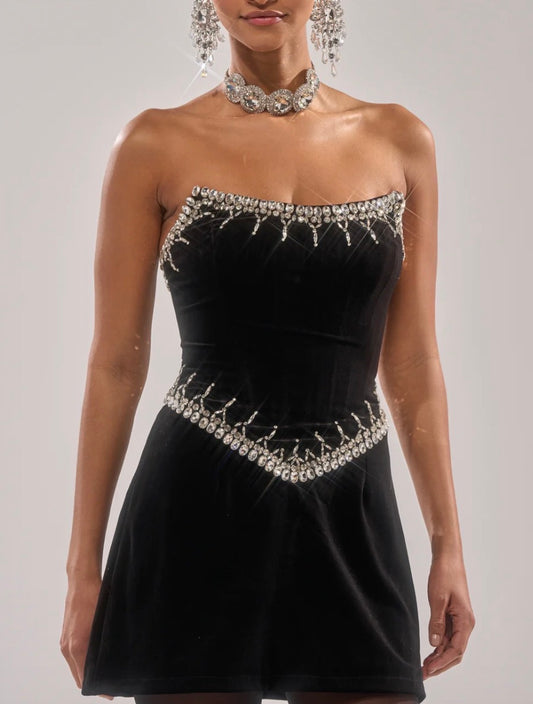 Velvet Rhinestone Dress Black A