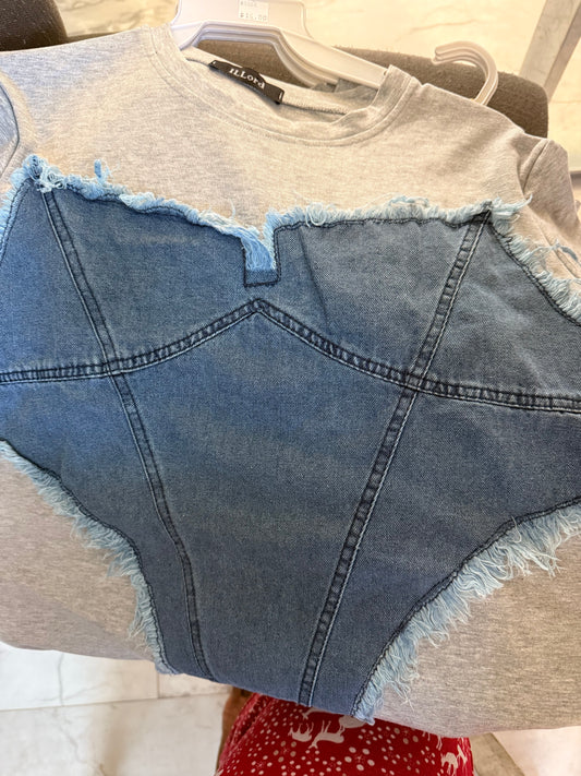 White T-Shirt With Denim Pocket One Size