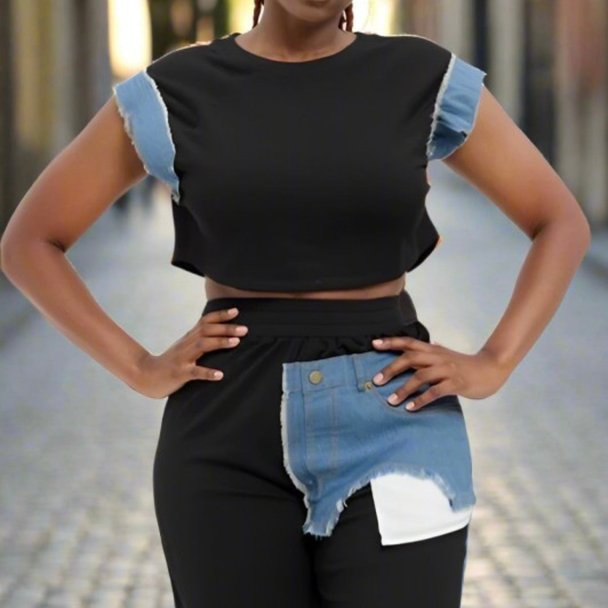 Color Block Denim Sleeve Set