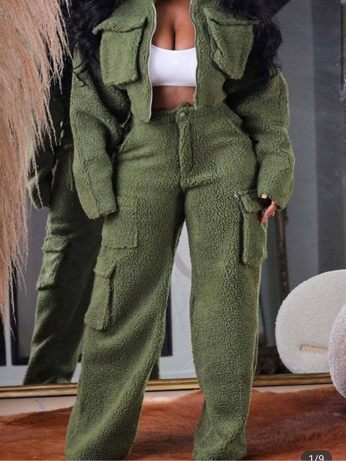 FLEECE CROP JACKET AND CARGO PANTS SET Cozy