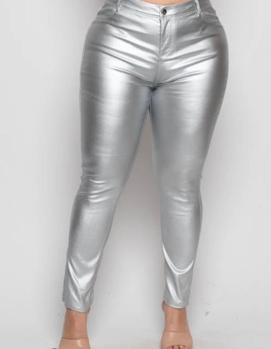 Plus Size Coated Pu Metallic Skinny Leg Pants