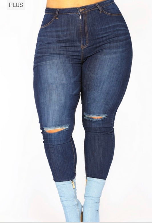 Plus Size-High Rise Knee Slits Skinny Jeans