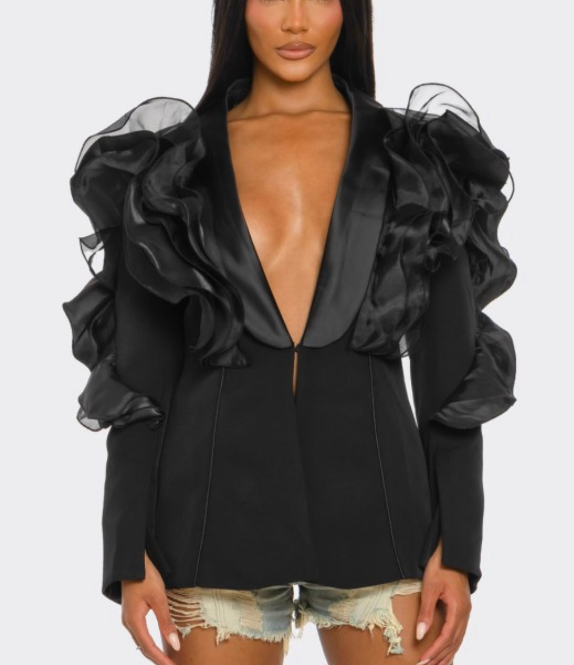 Velvet Storm Ruffle Sleeve Blazer