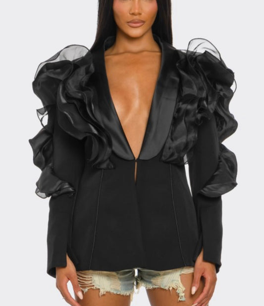 Velvet Storm Ruffle Sleeve Blazer