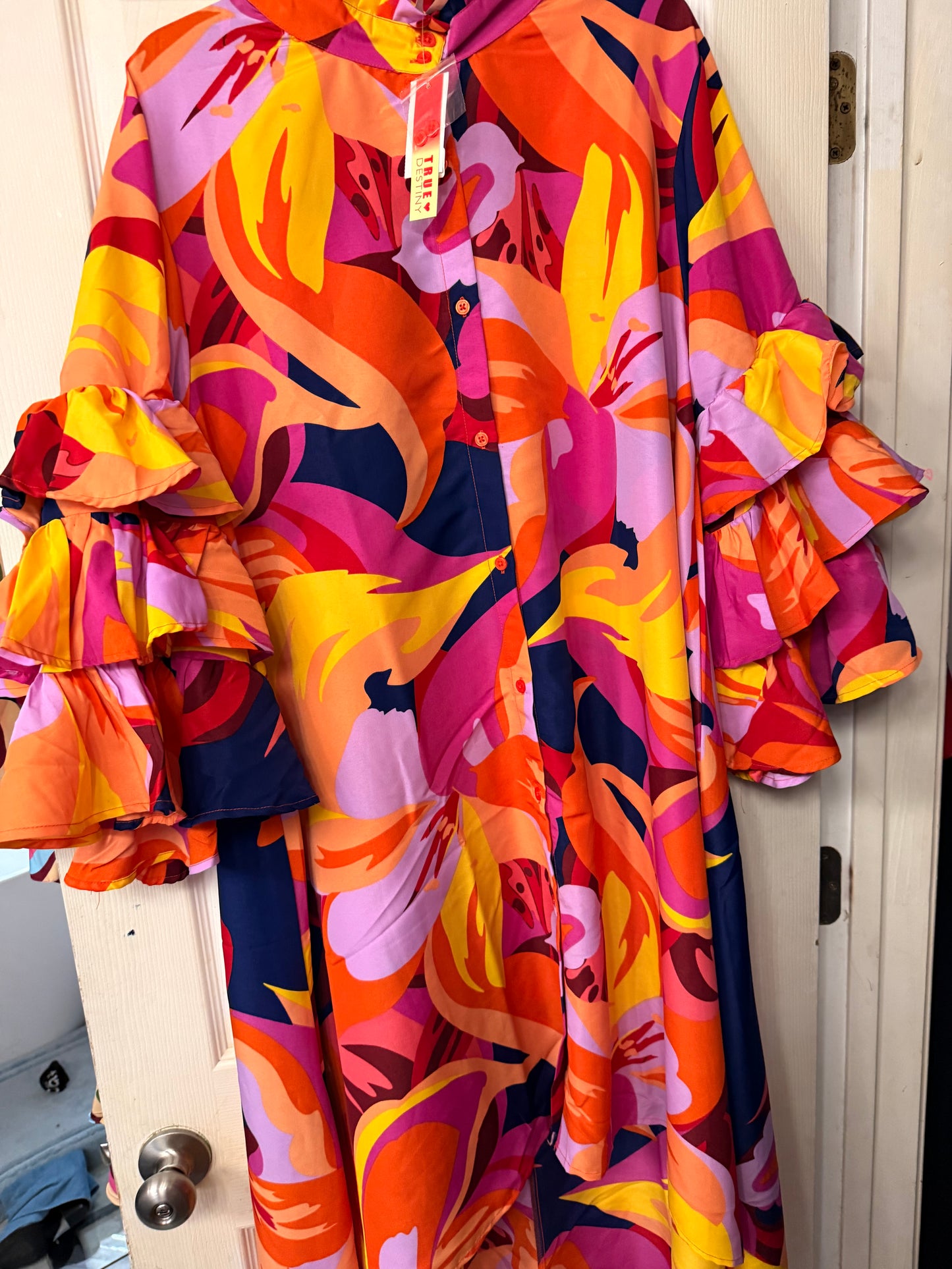 High Low Print Orange Bell Sleeves