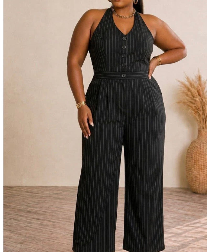 PINSTRIPE HALTER JUMPSUIT (PLUS)