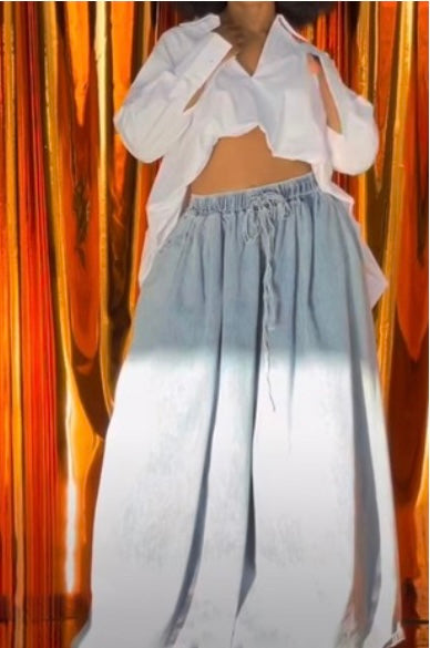 Wide Leg Denim Pants With Elastic Waist Plus