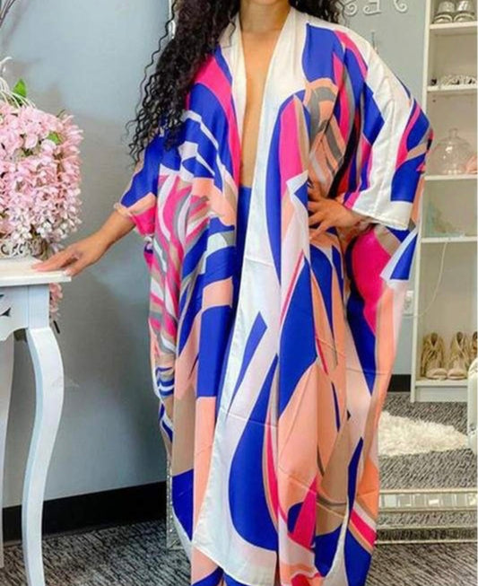 Floral Kaftan Summer Dress Blue One Size
