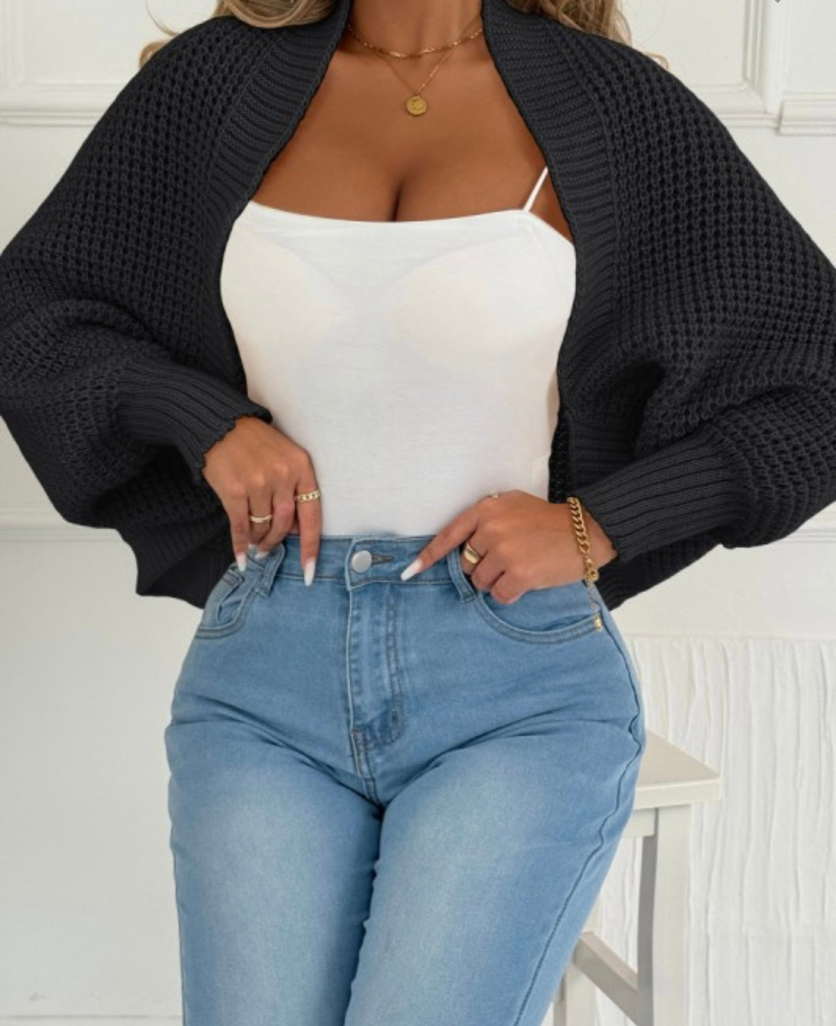 Chunky Knit Balloon Sleeve Cropped Cardigan One Size