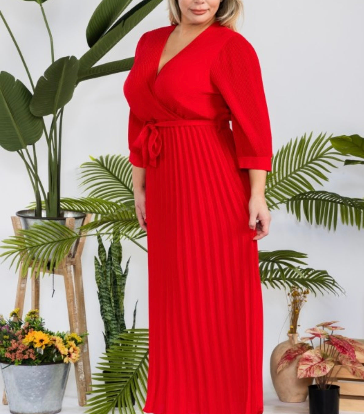 Plus Size Solid Pleated Maxi Dress Red