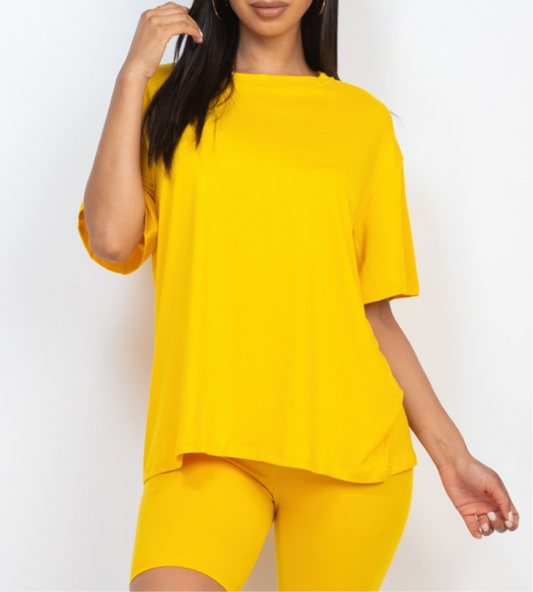 Loose Fit Top Oversize Shirts & Bike Shorts Set Yellow