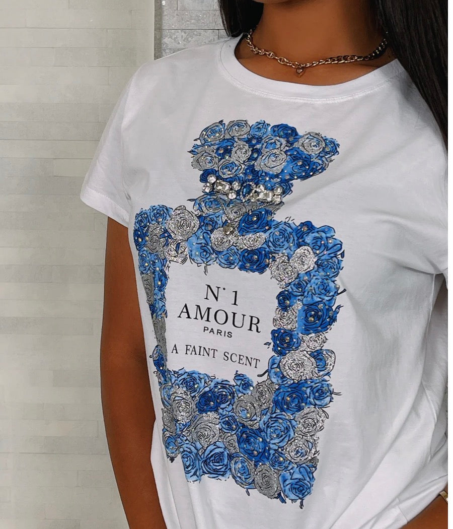 PRINTED & RHINESTONE DETAIL T-SHIRT