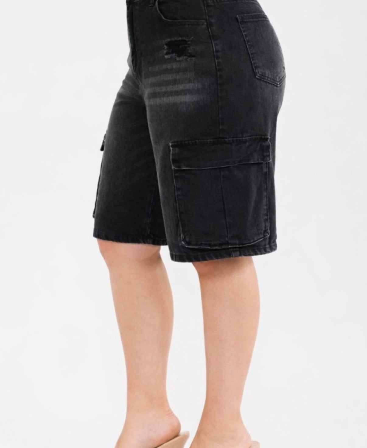 Plus Size Denim Cargo Short Bermuda Wide Legs Stretch