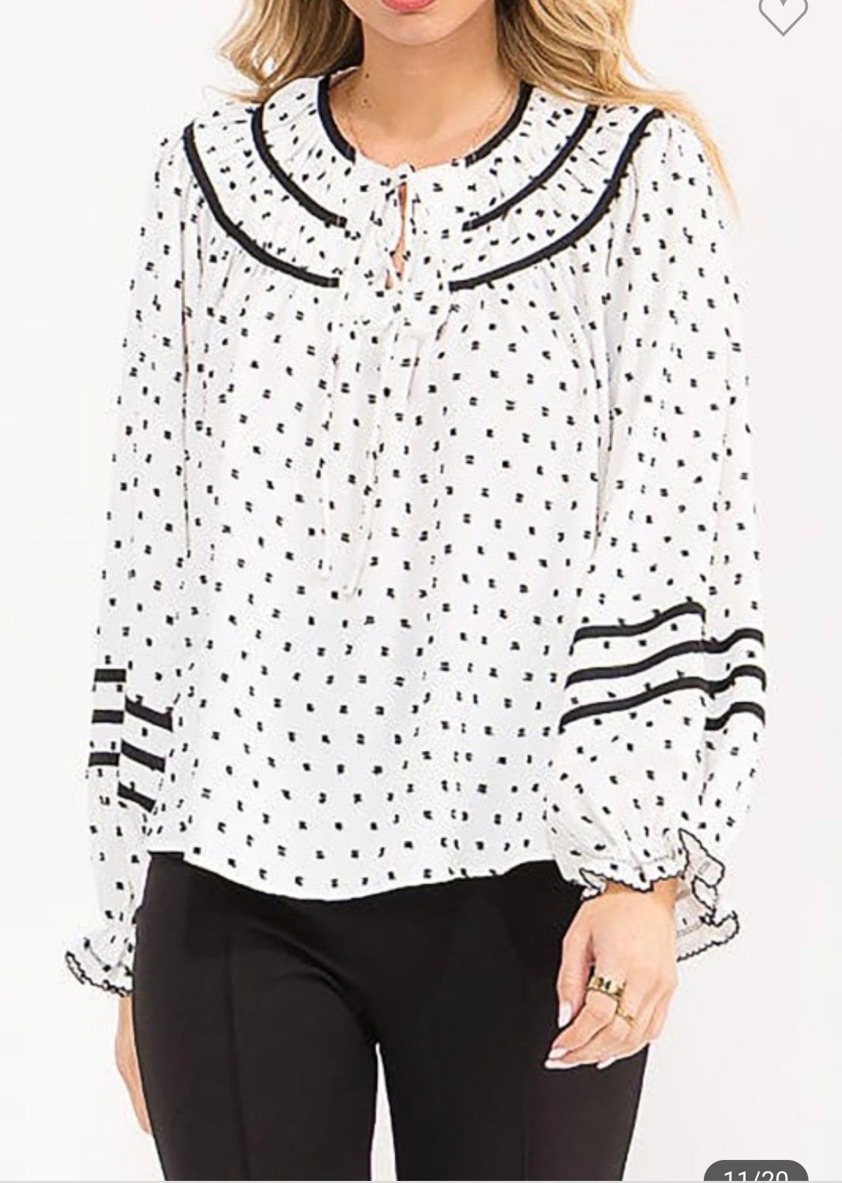Plus  Long Balloon Sleeve V-neck Polka Dots Blouse