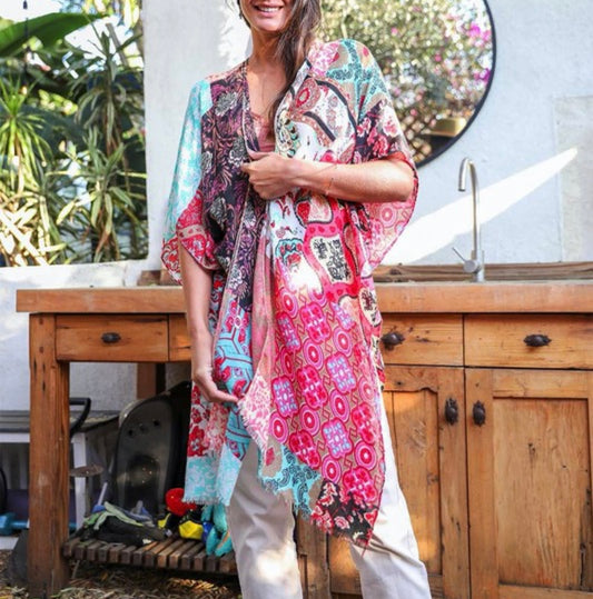 Boho Floral Patchwork Kimono Sky Blue one Size