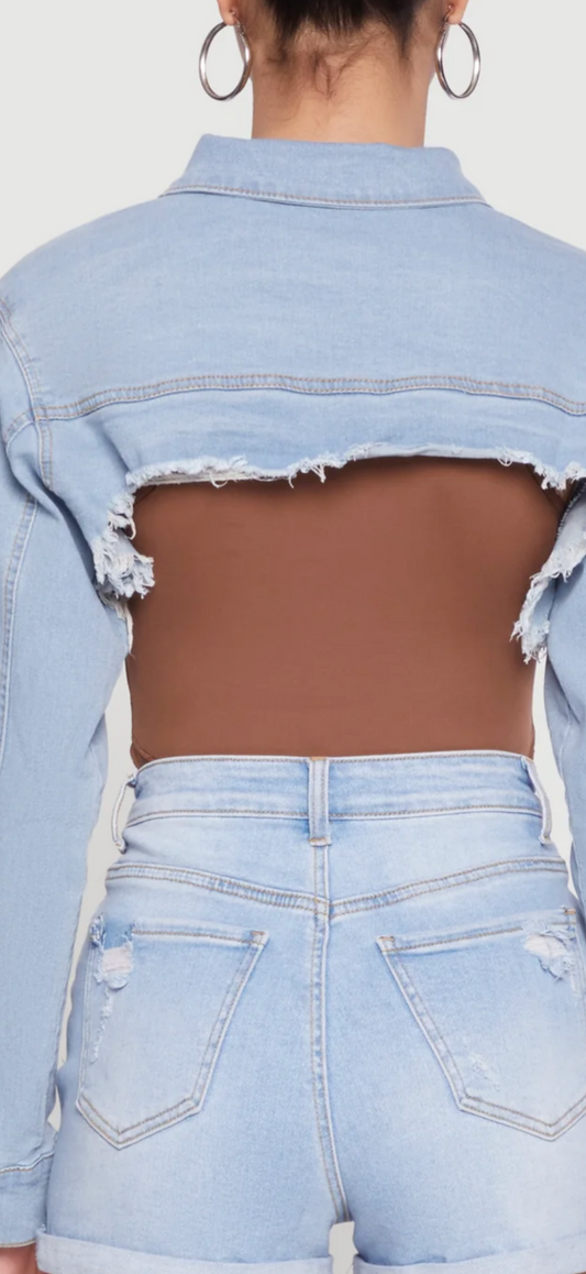 Denim Crop Jacket With Buckle Sleeves  D