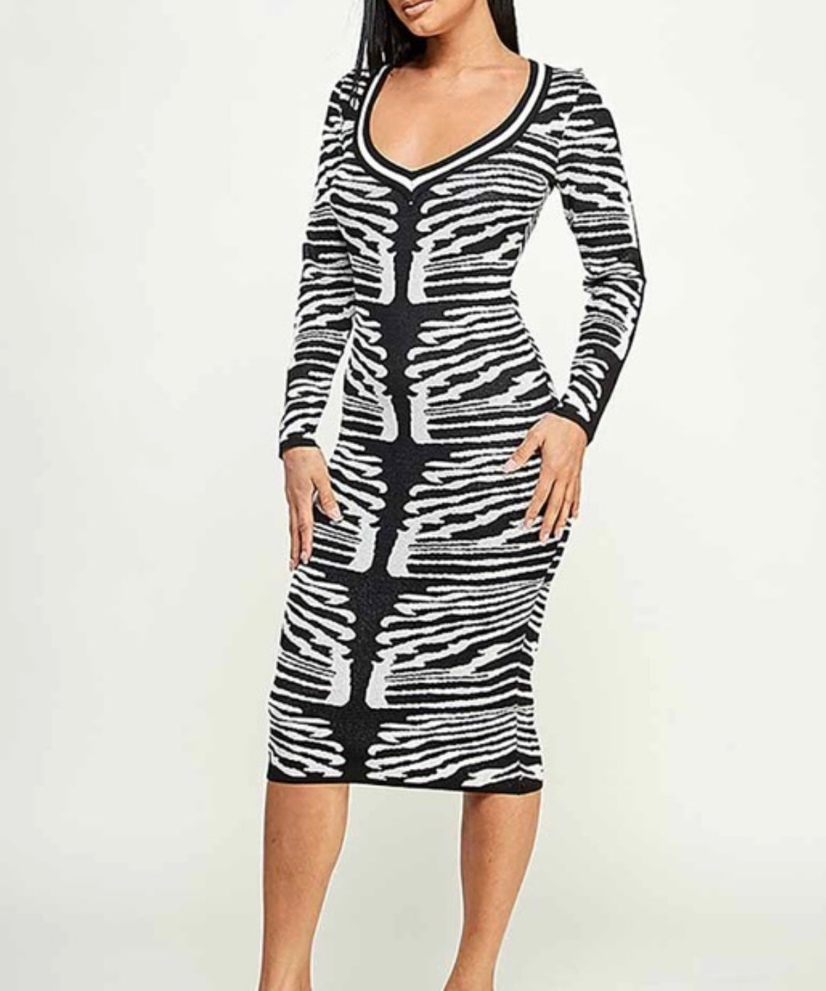 Zebra Print Thick Knit Long Sleeve Midi Dress Plus