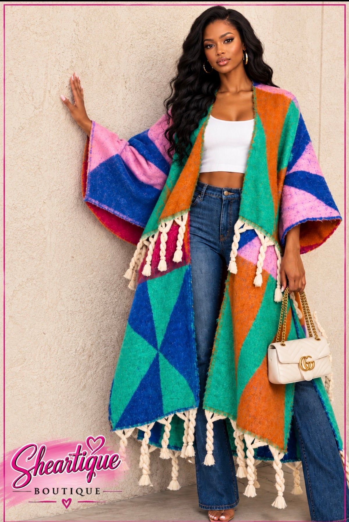 PRINTED FRINGE TRIM KNIT CARDIGAN (ONE SIZE)