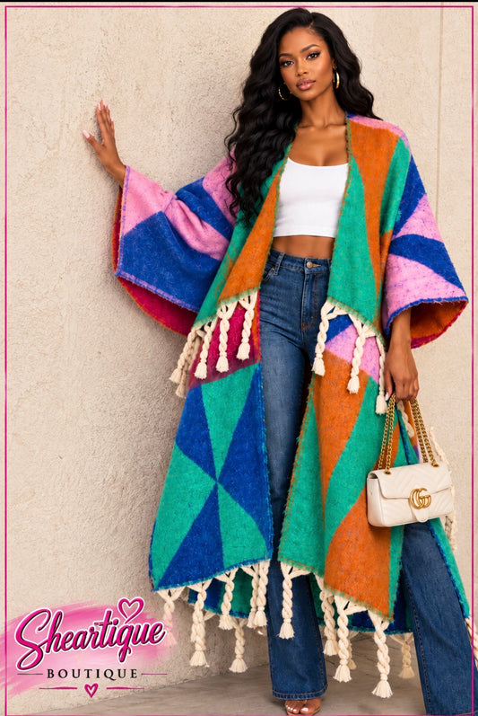 PRINTED FRINGE TRIM KNIT CARDIGAN (ONE SIZE)