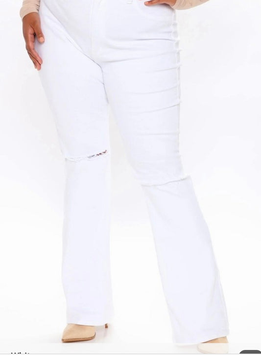 Plus Size High Rise Knee Cut White Flare Jeans