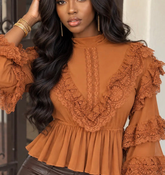 SHEER LACE HEM PEPLUM BLOUSE