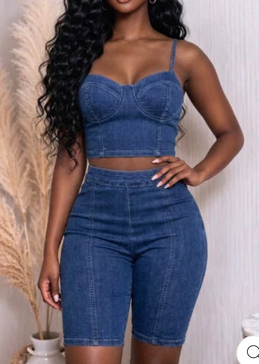 DENIM BRA BUSTIER TOP & BIKER SHORTS SET