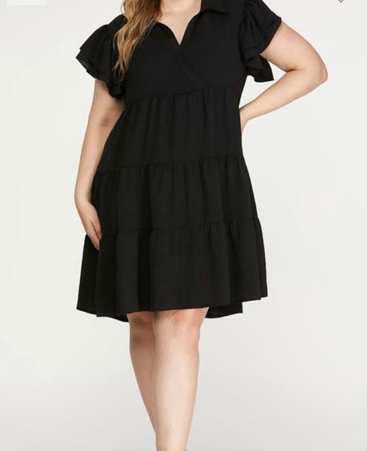 Plus Flutter Sleeves Tiered Woven Plus Size Mini Dress Black