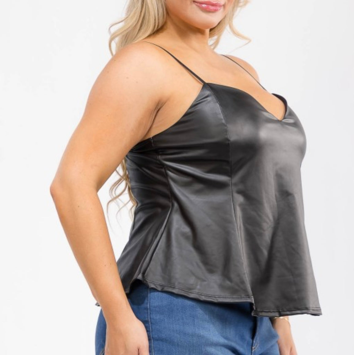 Plus Size Faux Leather Sweetheart Neck Peplum Tank
