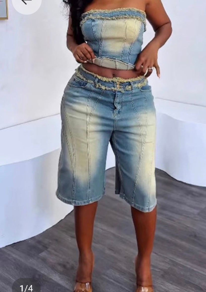 Vintage Washed Denim Tube Top And Shorts Set