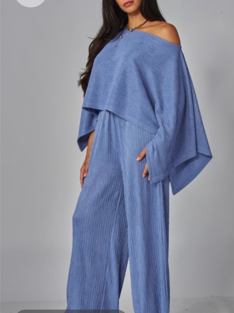 Crinkled Plisse Cape Kimono Luxury Pants Set Blue