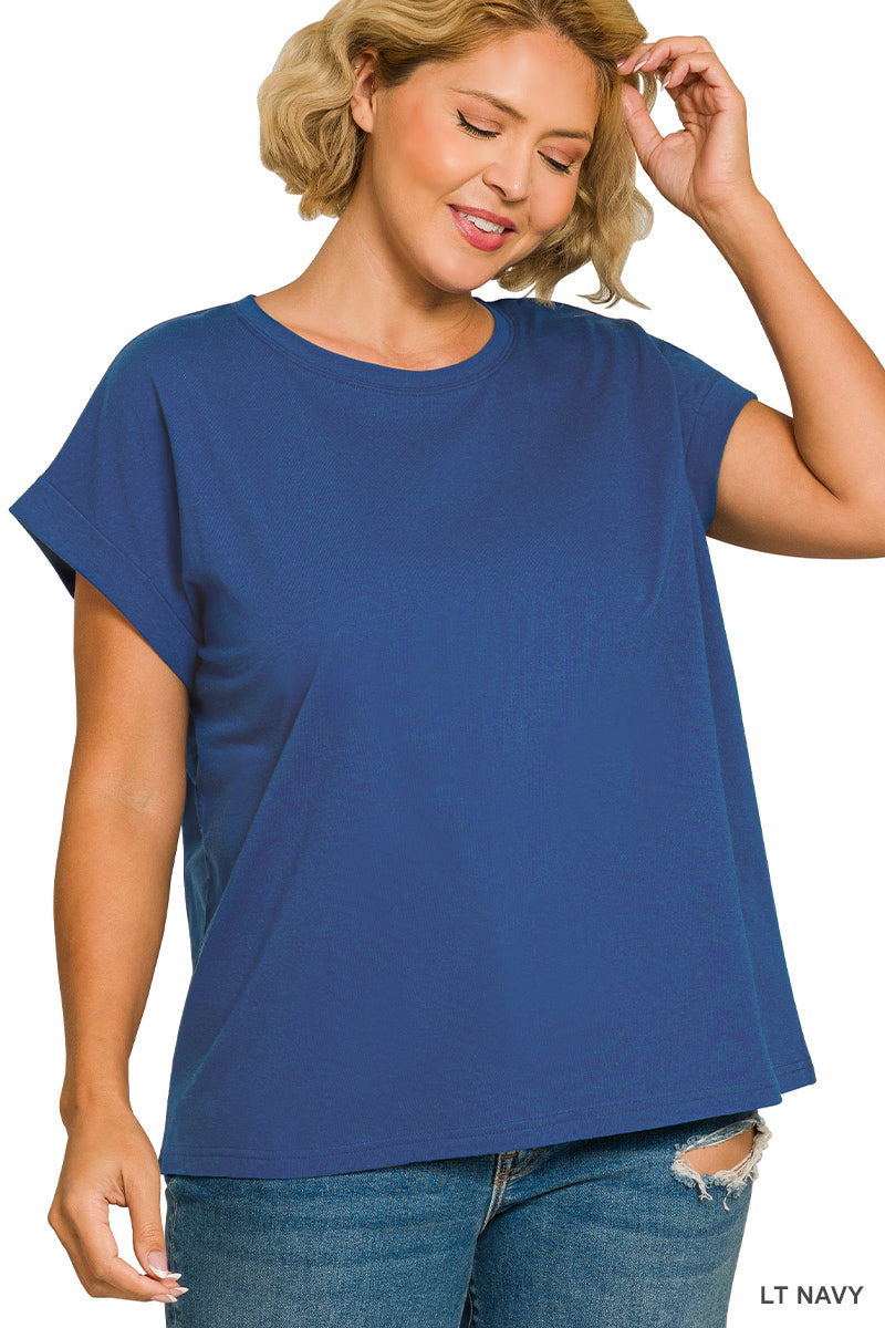 Plus round neck folded short sleeve t-shirt