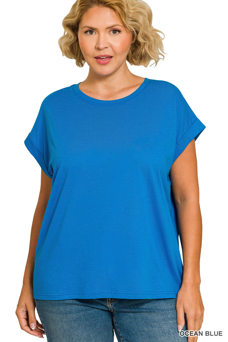 Plus round neck folded short sleeve t-shirt