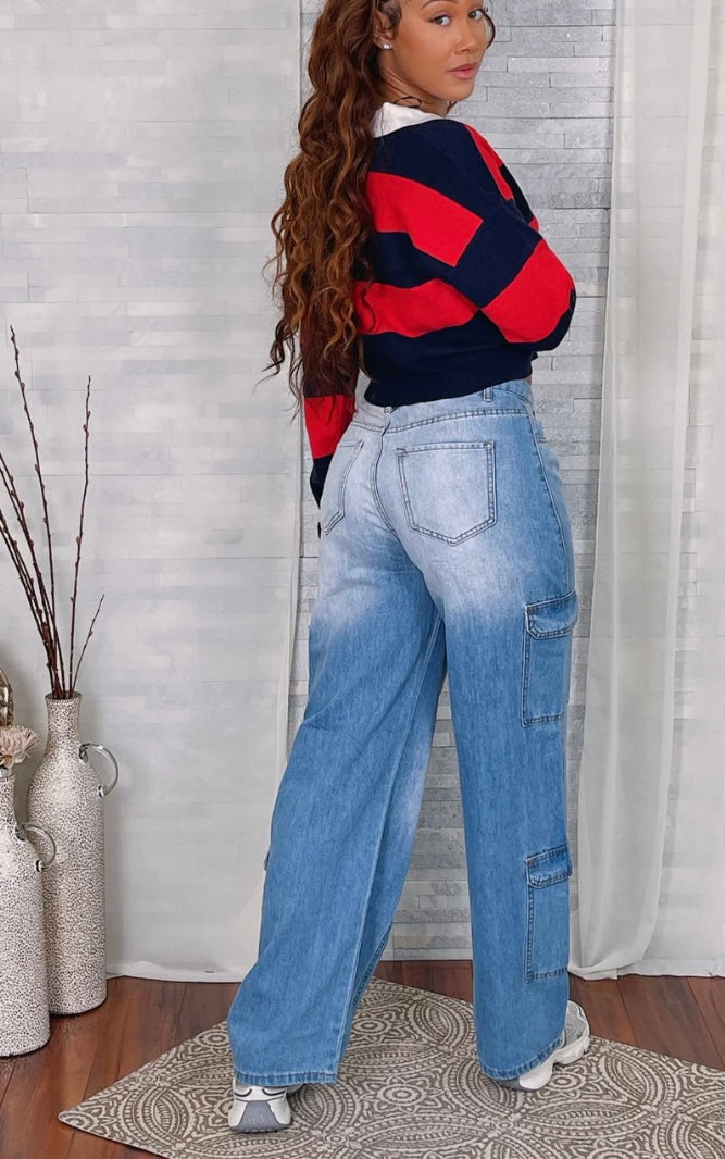 HIGH WAIST MULTI CARGO WASHED JEANS