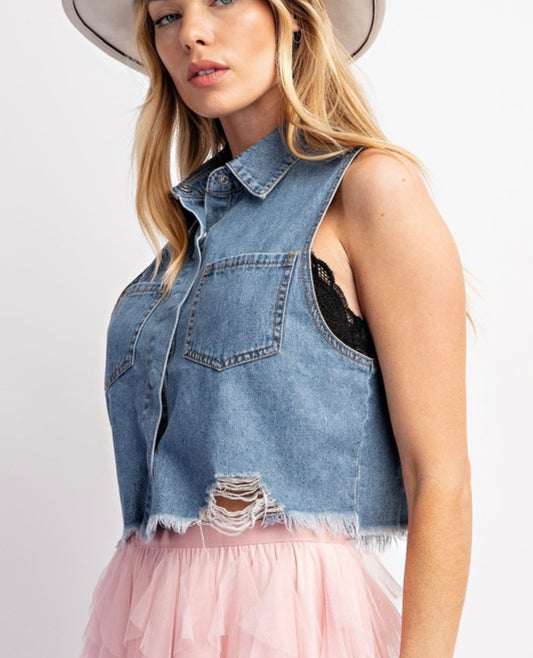 Plus Medium Denim Washed Sleeveless Crop Shirt Top