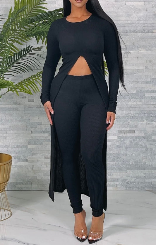 RIBBED Long TOP& PANTS SET (PLUS) Blue