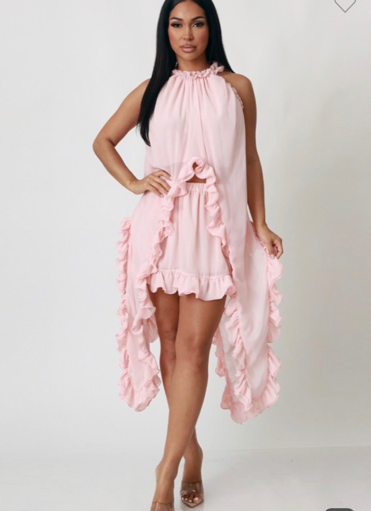 Halter Neck Ruffle Detail Top And Short Set
