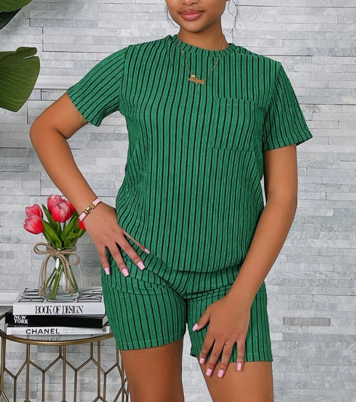 WRINKLE TEXTURED STRIPED TOP & SHORTS SET Green