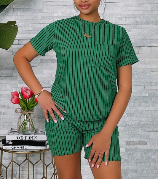 WRINKLE TEXTURED STRIPED TOP & SHORTS SET Green