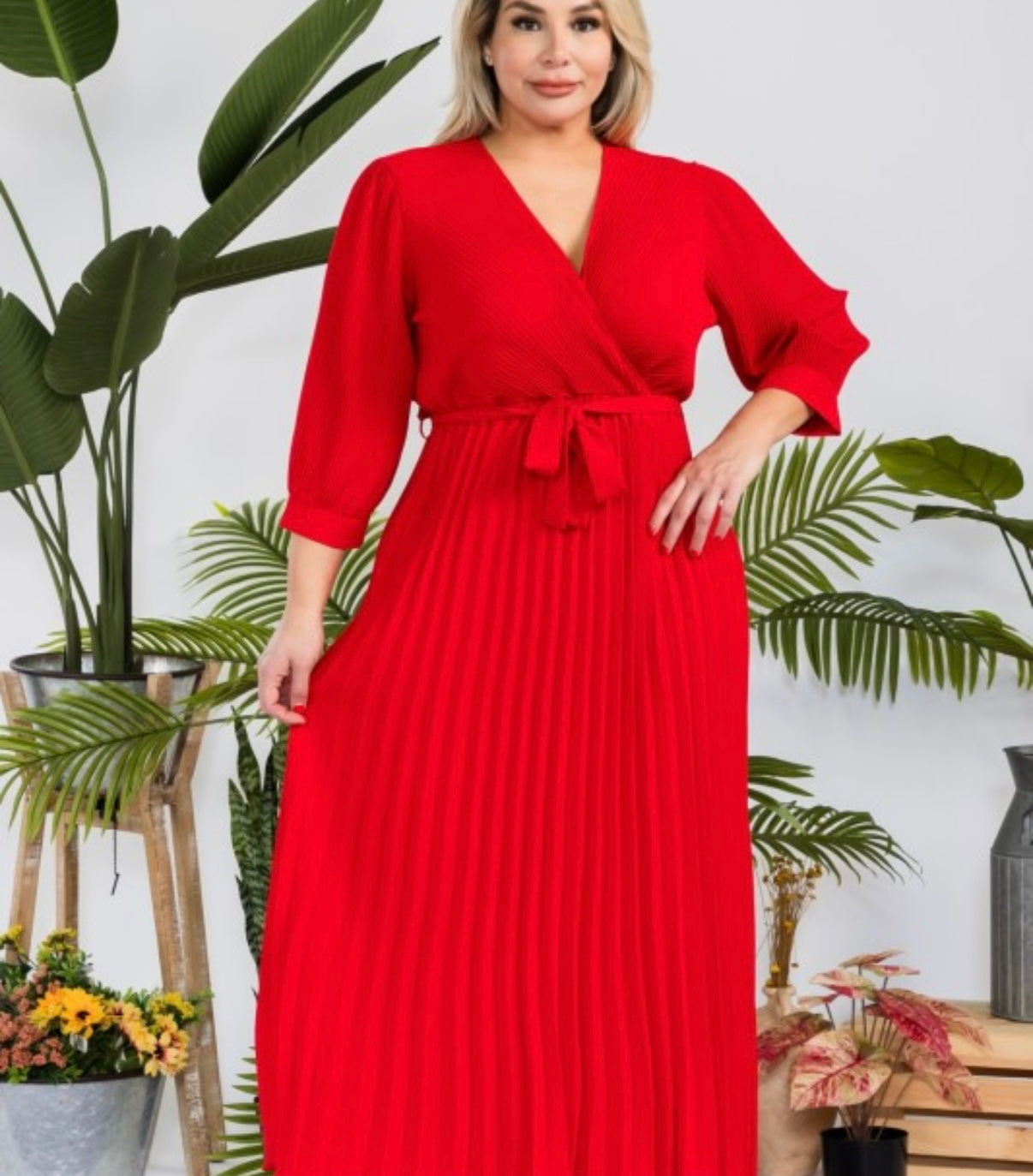Plus Size Solid Pleated Maxi Dress Red