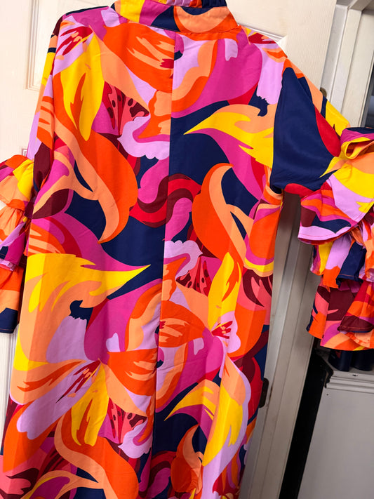 High Low Print Orange Bell Sleeves