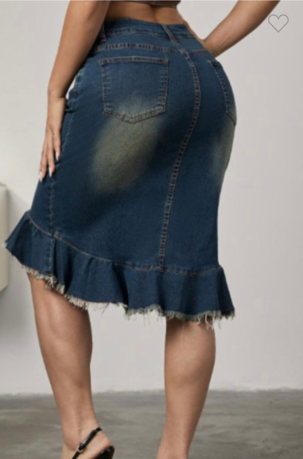 Frayed Ruffle Hem Vintage Denim Midi Skirt