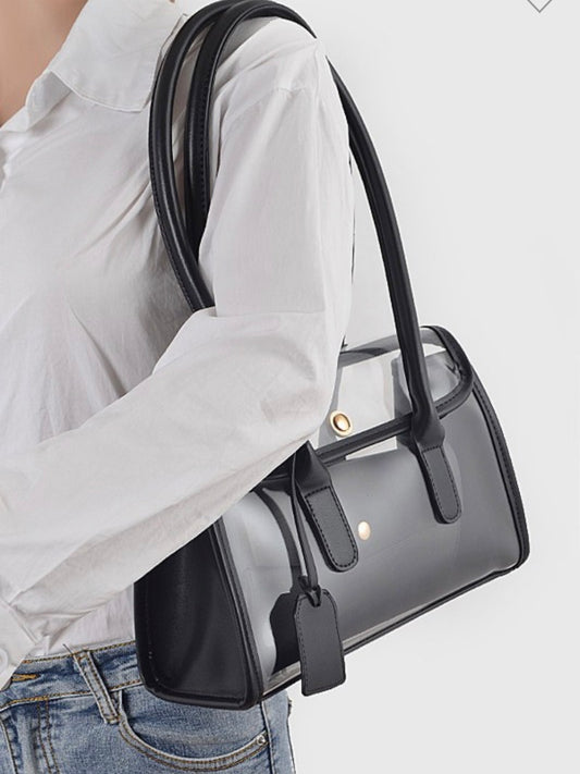 Faux Leather Trimed Clear Bag