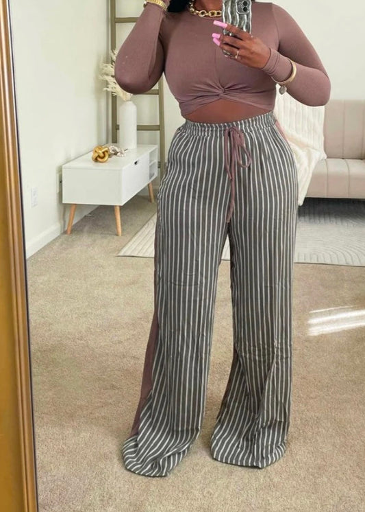 LS KNOTTED MID TOP&STRIPE LINEN PANTS n