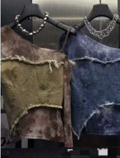 Asymmetric Denim Patchwork Tops
