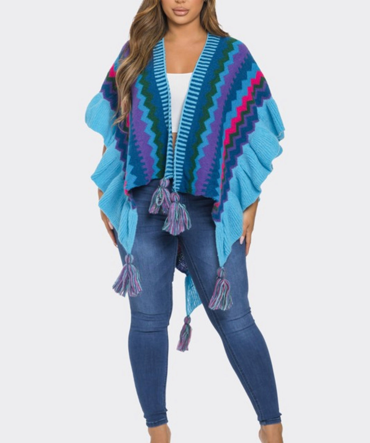 Multi Color Ruffle Detail Knit Top/shawl  ONESIZE BLUE/PURPLE