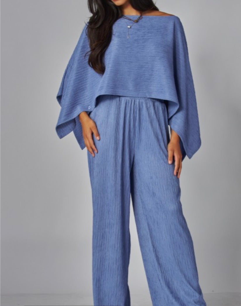 Crinkled Plisse Cape Kimono Luxury Pants Set Blue