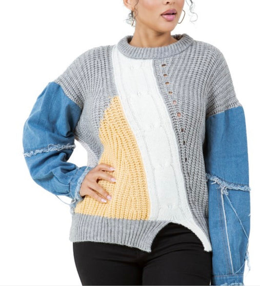 Denim Contrast Colorblock Knit Sweater One Size b/g