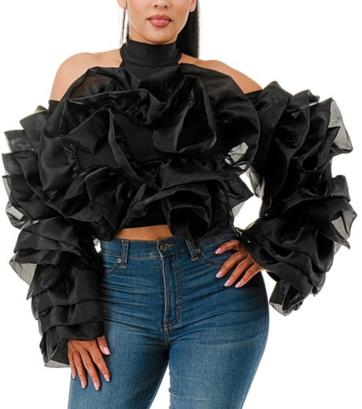 Plus Cold Shoulder Mock Neck Ruffles Crop Blouse T