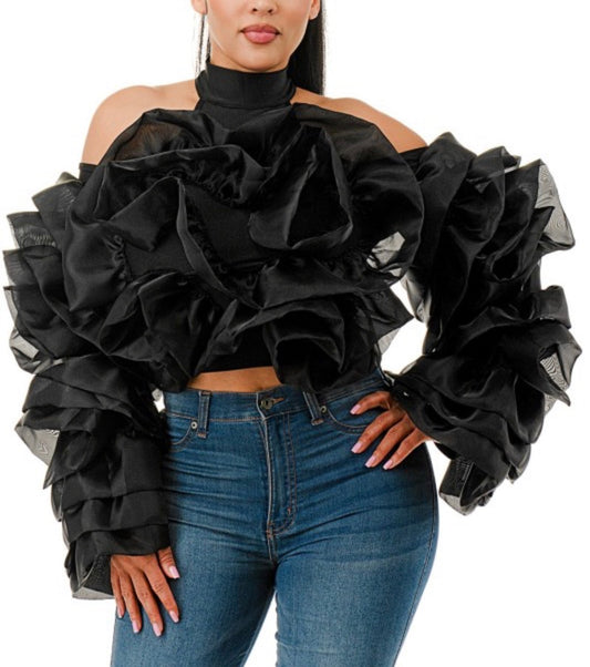 Plus Cold Shoulder Mock Neck Ruffles Crop Blouse T